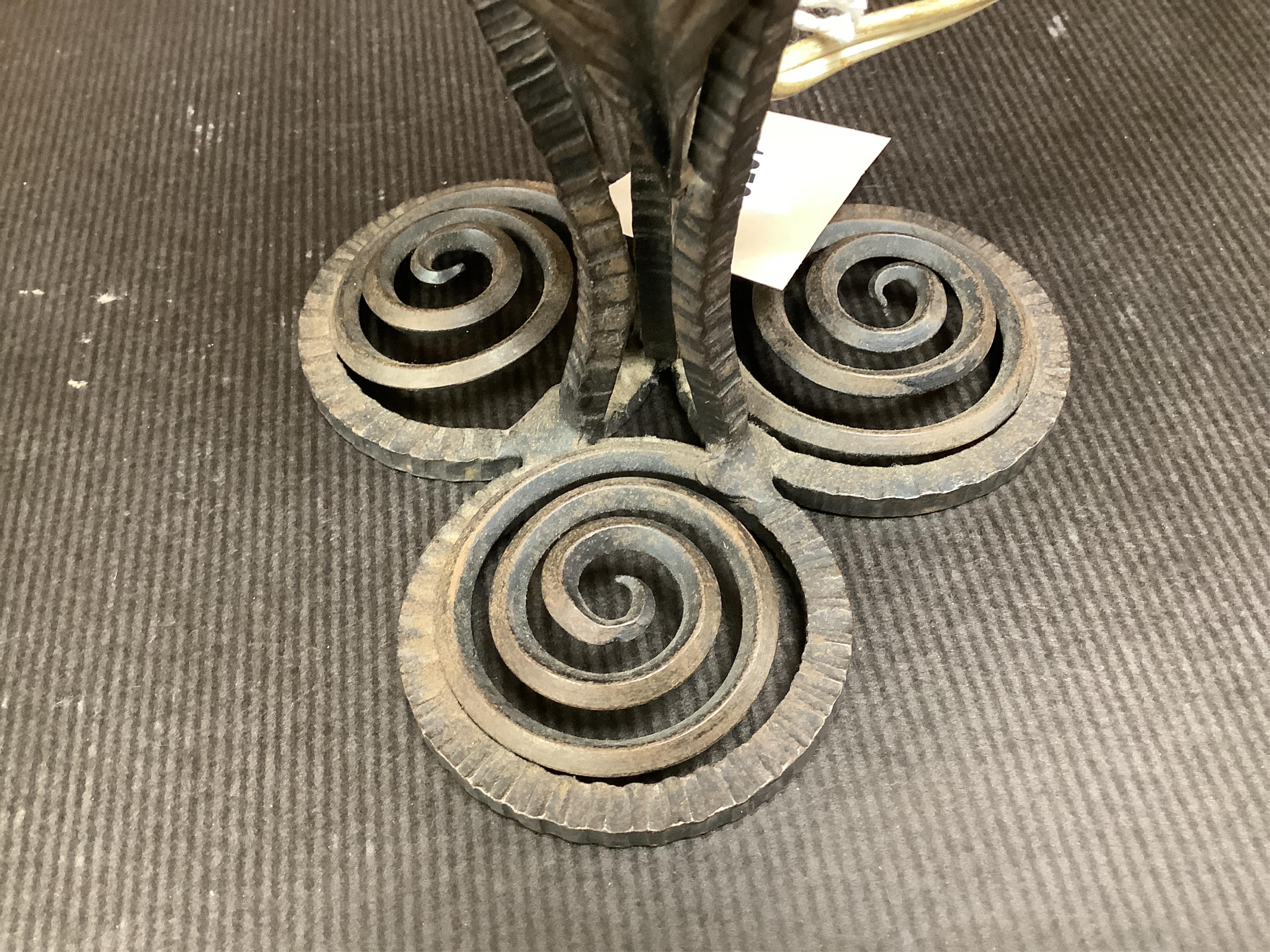 An Art Deco wrought iron and frosted glass mushroom lamp, signed Sonover to the shade, 35cm high